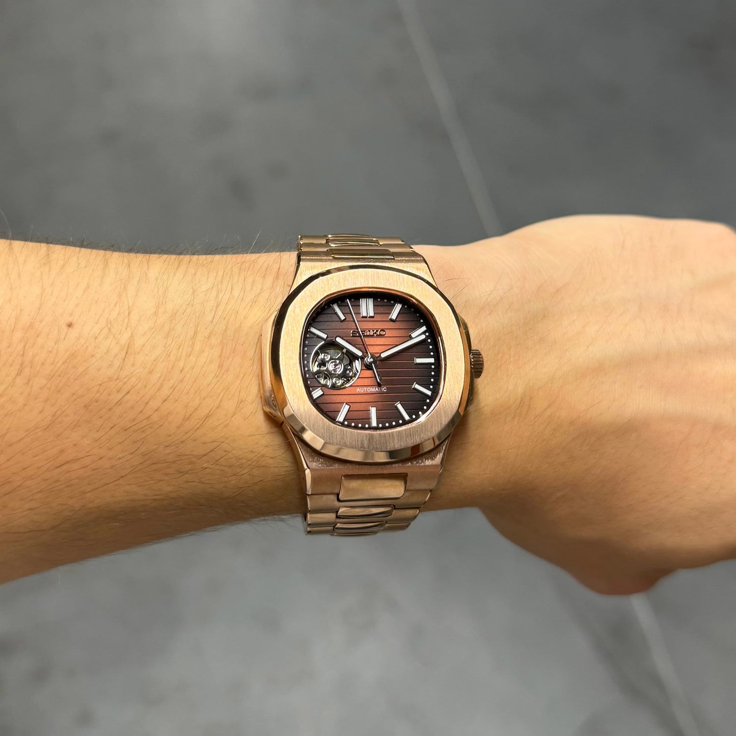 Seiko Nautilus Rose Gold Open Heart Mod - Chocolate