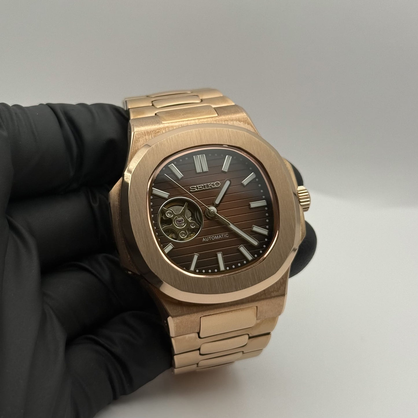 Seiko Nautilus Rose Gold Open Heart Mod - Chocolate