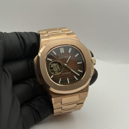 Seiko Nautilus Rose Gold Open Heart Mod - Chocolate
